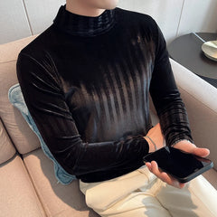 Threebooy  Brand Clothing Men Spring High Quality Slim Long Sleeve T-shirt/Male High Collar Warm Striped Bottom Shirt Fashion T-shirts