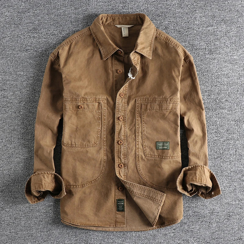 Threebooy  Tough Guy Style Heavyweight Washed Old Work Shirt Men's American Cargo Styles Daily Casual Versatile Long Sleeve Shirt Jacket