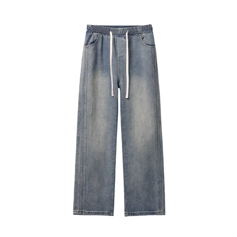 Threebooy Jeans Men Denim Pants Elastic waist pull rope Straight Droop Vintage Loose Bottom Straight Wide Leg Casual Male Trouser