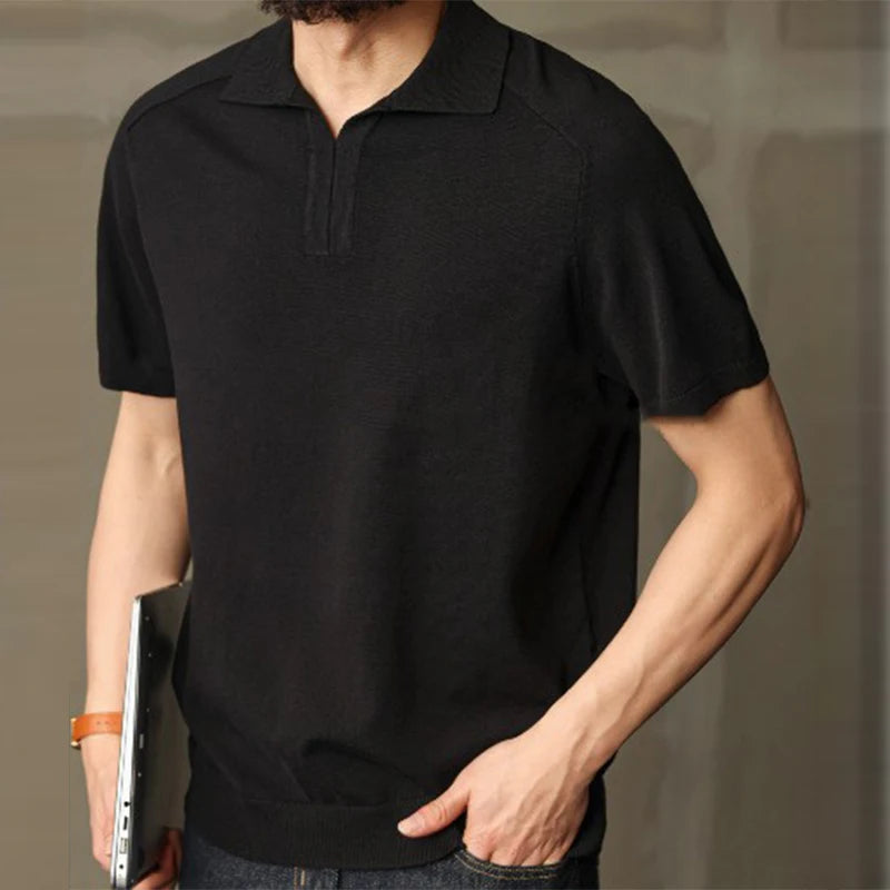 Threebooy Men's Clothing Light Luxury Polo Short Leisure Knit V Neck Short-sleeved T Shirt Solid Color Korean Popular Retro Knitwear M-3XL