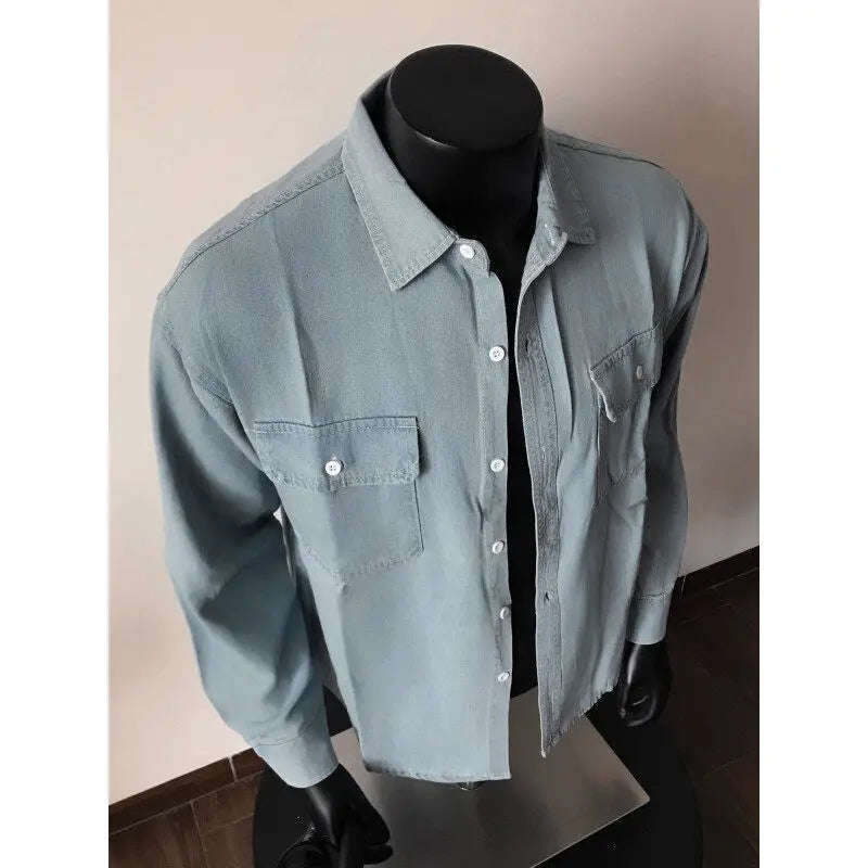 Threebooy Men Long Sleeve Denim Shirt Spring Casual Workwear Stylish Stretch Cotton Comfort Fit Chest Pocket Outdoor Daily Wear Trendy Men