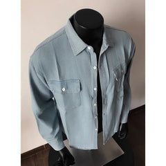 Threebooy Men Long Sleeve Denim Shirt Spring Casual Workwear Stylish Stretch Cotton Comfort Fit Chest Pocket Outdoor Daily Wear Trendy Men
