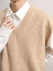 Threebooy  Vest Waistcoat Beige V Neck Knit Sweater Male Sleeveless Cigaret Old Plus Size Cheap Men's Clothing Trend Designer Luxury X