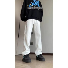 Threebooy Men's White Black Flared Cargo Jeans Fashion High Street Bell Bottom Loose Straight Denim Pants