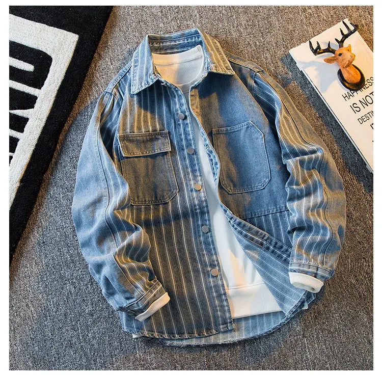 Threebooy American Striped Spliced Denim Jacket Men 2025 Autumn Trendy Handsome Men Women Casual Loose Work Shirt Jacket Aesthetic Chic