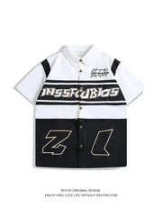 Threebooy American Retro Racing Suit Short-sleeved Shirt Men Korean Version 2025 New Fashionable High-end High-art Motorcycle Style Top