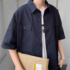 Threebooy Mens Cotton Military Cargo Shirts Casual Dress Short Sleeve Work Streetwear Blouses