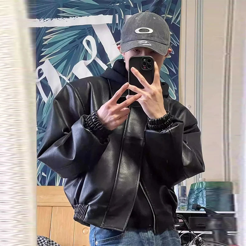 Threebooy  High Street Trendy PU Leather Crop Jacket Casual Textured Locomotive Zipper Turn-down Collar Solid Color Long Sleeve Men's Coats