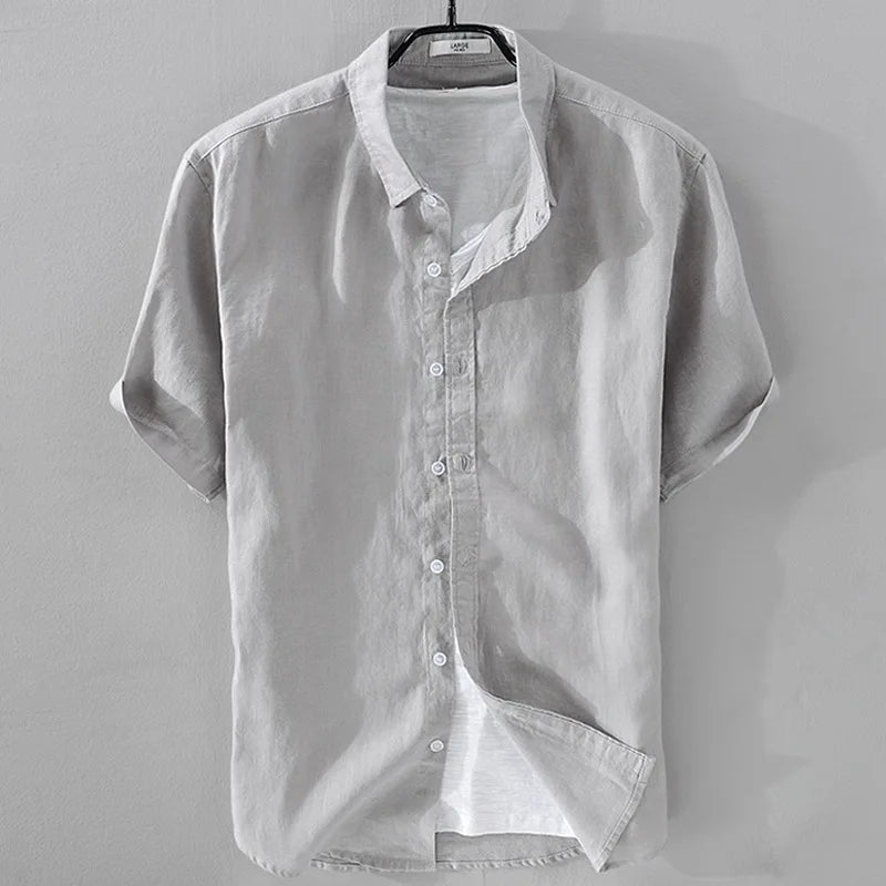 Threebooy Summer Men's Breathable Cotton Linen Shirt Short Sleeve Casual Turn Down Collar Loose Top Male Shirts