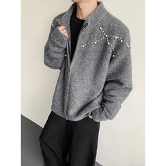 Threebooy Men's cardigan knitted sweater Winter New Style Winter warm knitted jacket Personalized Trend Pearl decoration cardigan sweater