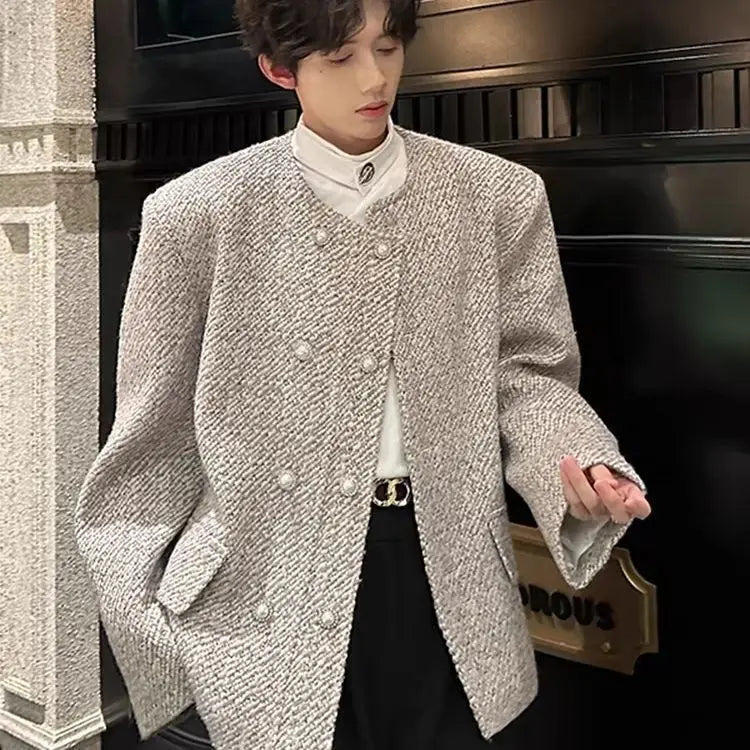 Threebooy  Spring Autumn Collarless Shoulder Pad Suit Double-row Jacket Streetwear Versatile Short Handsome High-end Elegant Woolen Jacket