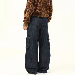 Threebooy Korean Retro Men'S Loose Wide Leg Jeans High Street Straight Leg Pants Casual Jeans Multi Pocket Work Pants