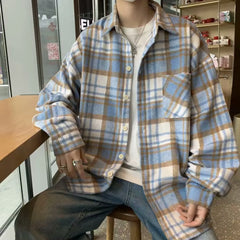 Threebooy Men 2024 Spring Summer Fashion Checkered Turn-down Collar Tops T-Shirt Men Clothing Casual Loose Long Sleeve Button Shirts