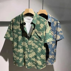 Threebooy Summer High-end Maple Leaf Floral Shirt Men's Loose and Light Style Handsome and Fashionable Short Sleeves