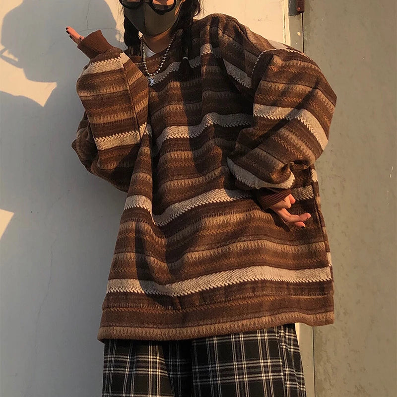 Threebooy Knitted Sweaters Women Oversized V Neck Striped Pullover Vintage Sweater Autumn Winter Retro Warm Jumper Harajuku Loose Sweater