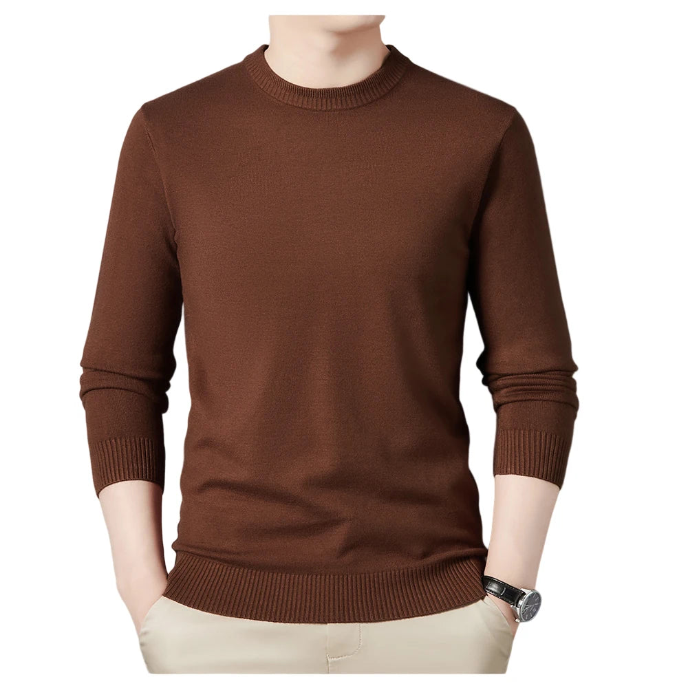 Threebooy Men's Spring Autumn Solid Color Knitted Sweater with Loose Cut Round Neck Minimalist Basic Bottoming Shirt Fashionable Simple