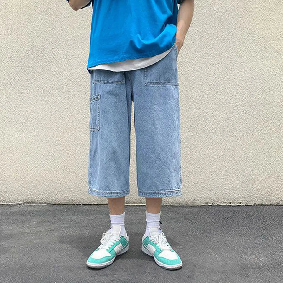 Threebooy New Summer Fashion Straight Leg Jeans For Men's Korean Light Blue Slim Fit Loose Luxury Brand Design Casual Wide Leg Shorts