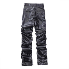 Threebooy Pleated Leather Pants Men’s Motorcycle Pants PU Leather Pants Men’s Punk Leather Cargo Pants Leather Pants