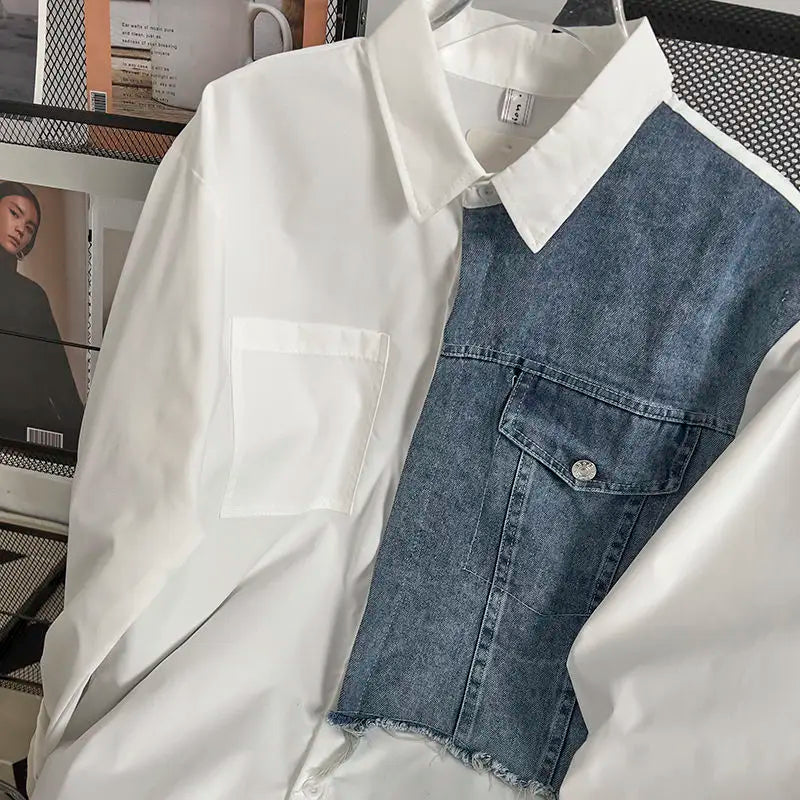 Threebooy Japanese High-end Denim Jacket Spliced Long-sleeved Shirt Men's Niche Design Sense High Street Couple Loose Casual White Shirt