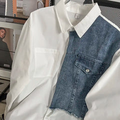 Threebooy Japanese High-end Denim Jacket Spliced Long-sleeved Shirt Men's Niche Design Sense High Street Couple Loose Casual White Shirt