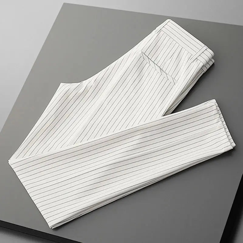 Threebooy  Men's Clothing Business Striped Pants Cootrast Color Slim Casual Spring Straight England Banquet Mid Chic Ankle-Length Trousers
