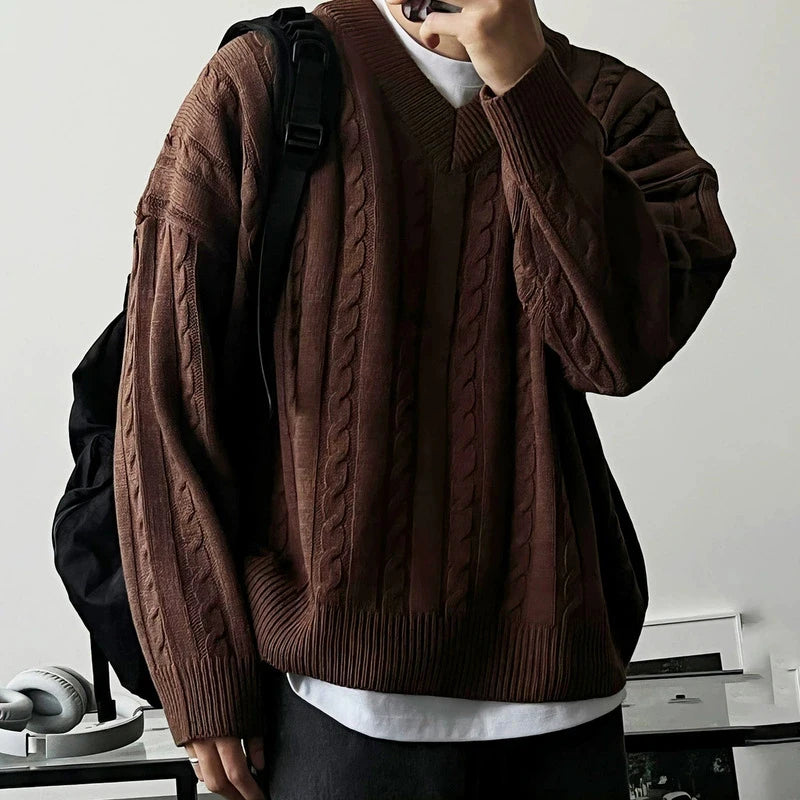 Threebooy  New American Retro Men Jacquarded Sweater Casual V Neck Solid Color Long Sleeve Knitwear Premium Quality Knitted Pullovers M-2XL