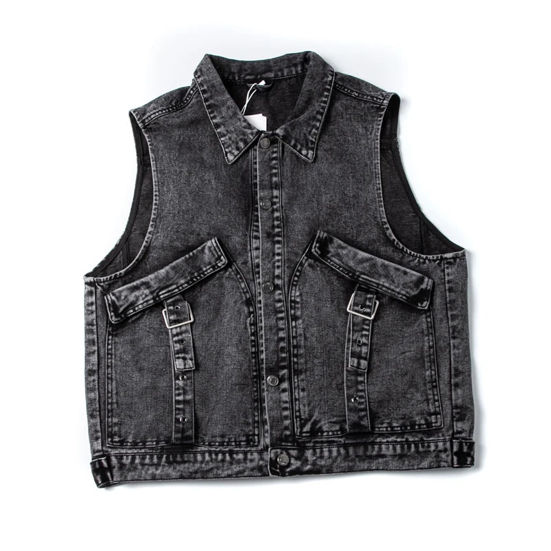 Threebooy American Casual Pure Cotton Washing Denim Vest Loose Sleeveless Horse Clip Men Women Work Pocket Trendy Vest Jacket Aesthetic