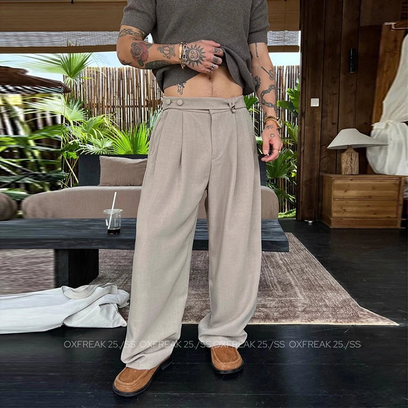 Threebooy  New Retro Fashion Men Suit Pants Light Luxury Draped Baggy Belt Button-down Solid Color Straight Trousers Elegant Dress Pants