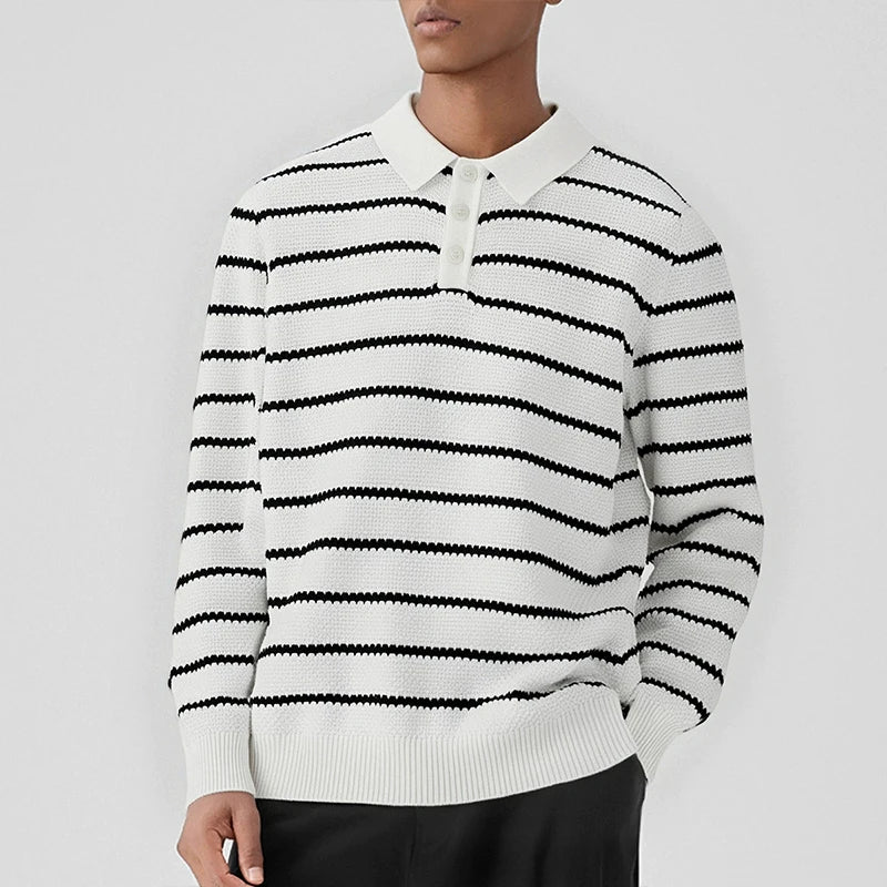 Threebooy  New American Trendy Men Polo Neck Sweaters Light Luxury Striped Knit Long Sleeve Pullover Tops High Quality Loose Knitwear M-3XL