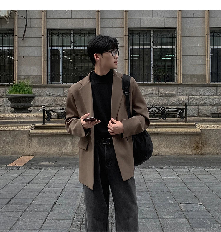 Threebooy Oversized Korean Style Men's Loose Casual Small Suit, Men's 2024 Autumn New Padded Shoulder Suit Jacket Unisex Top