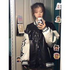 Threebooy American High Street Hiphop Embroidered Baseball Uniform Men Women Spring Autumn Vintage Retro Trend PU Leather Jacket Chic