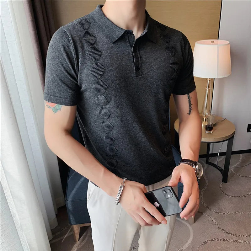 Threebooy Summer Short Sleeve Ice Silk Men Polo Shirts Business Fashion Turn Down Collar Slim Fit Casual Knitted Tee Shirt Homme 3XL