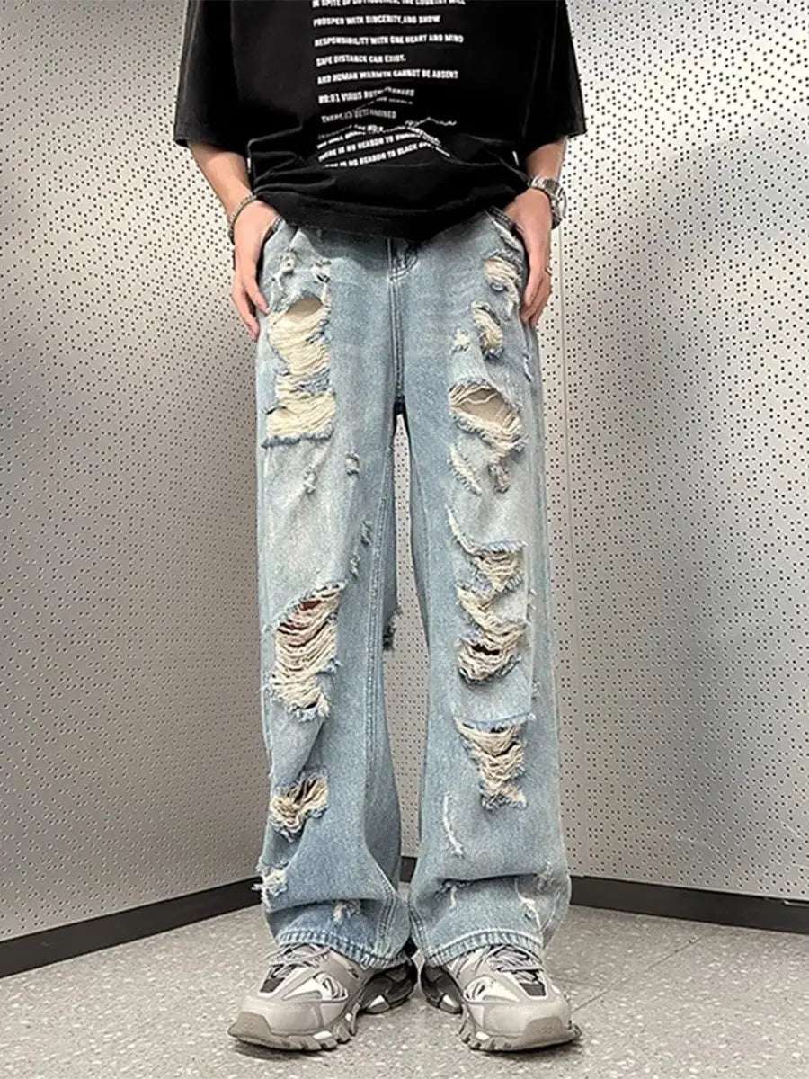 Threebooy American hip-hop straight leg men and women trend summer personality destruction jeans couple loose retro Harajuku casual pants