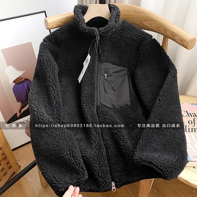 Threebooy Autumn Winter Lambswool Coat Male Loose Windproof Warm Sherpa Stand Collar Polar Fleece Jacket Unisex Simple  Pocket Spliced Top