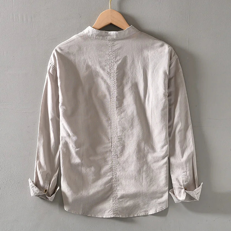 Threebooy  Solid Color Men's Long Sleeve Shirt Japanese Styles Standing Collar Loose Fitting Classic Pullover Half-cardigans Shirt Tops