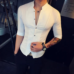 Threebooy  Men Stand-up Collar Shirt Summer New Light Thin Solid Casual Slim Fit Short Sleeve Shirt High Quality Fashion Men Clothing