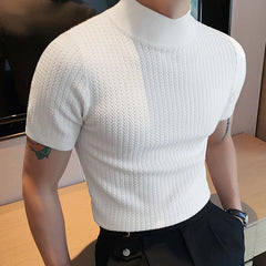Threebooy  New Summer Fashion Tight T-shirt Casual Streetwear Textured High-neck Solid Color Short-sleeved Bottoming Tees Korean Style Tops