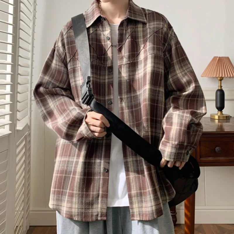Threebooy Spring New Casual Plaid shirt Men's Loose Streetwear Long-sleeved Shirt Retro Shirts Men Classic American style shirt