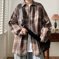Threebooy Spring New Casual Plaid shirt Men's Loose Streetwear Long-sleeved Shirt Retro Shirts Men Classic American style shirt