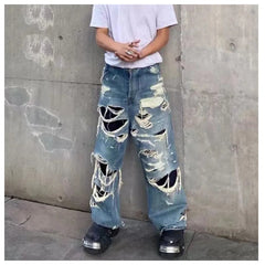 Threebooy American Style Streetwear Washed Torn Jeans For Men And Women's Street Hip-Hop Loose Wide Leg Straight Leg Pants Fashion Style