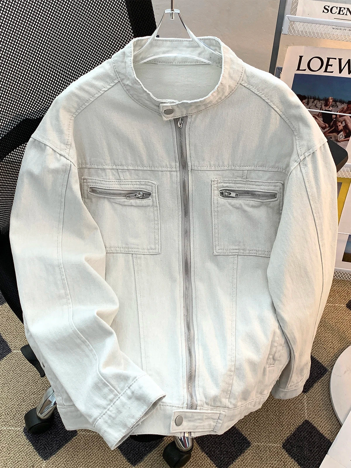 Threebooy  Washed Jeans Coat Worn Deconstructed Stand Collar Denim Jacket for Men's American Cleanfit Design Canvas Zipper Jacket