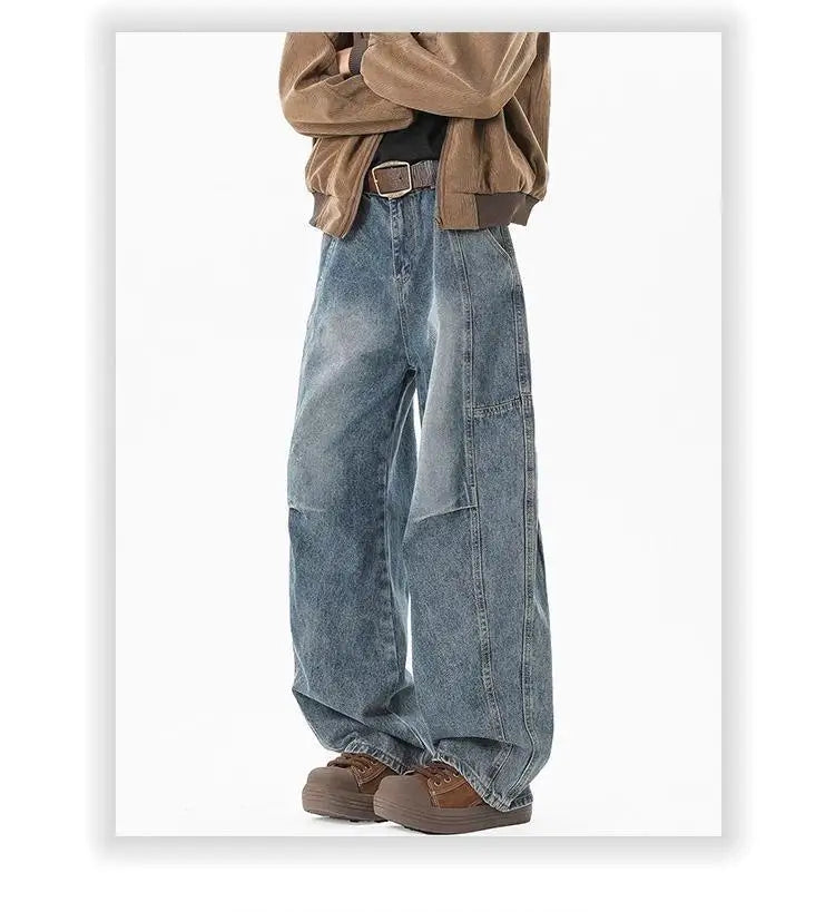 Threebooy Hip hop personality trend men and women straight leg washed jeans American couple loose retro curved knife casual pants y2k