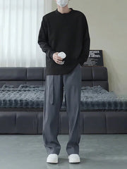 Threebooy  Belt Drape Trousers Men's High-end Scimitar Loose Wide-leg Straight Suit Pants