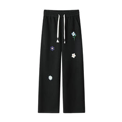 Threebooy Black Casual Pants Men Fashion Embroidered Flower Sweatpants Men Streetwear Hip-hop Loose Wide Leg Pants Mens Joggers Trousers