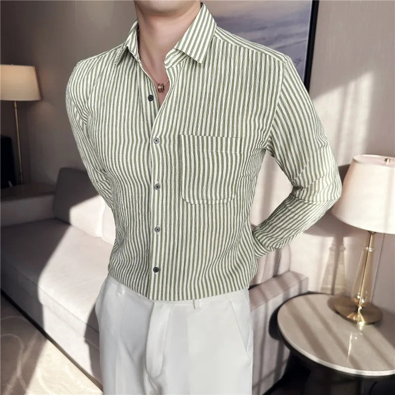 Threebooy Fashion Stripe Casual Men Long Sleeve Button Shirt Stitching Pocket Design Fabric Soft Comfortable for Men  Slim Fit Dress Shirt