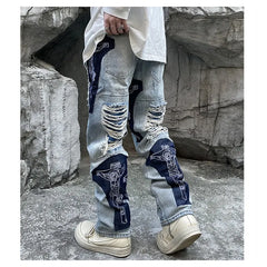 Threebooy Ripped Jeans Baggy Men Print Harajuku Pants Slim Trendyol Men's Fashion Hip Hop Trousers Y2k Man Grunge Streetwear Stacked