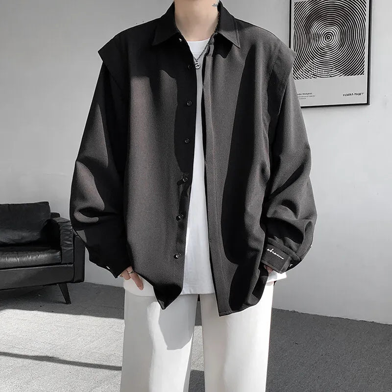 Threebooy  Sleek Drape Shirt Innovative Faux Two-Piece Design Modern Layered Look Stylish Comfortable Fabric Trendy Chic New Fashion Forwar