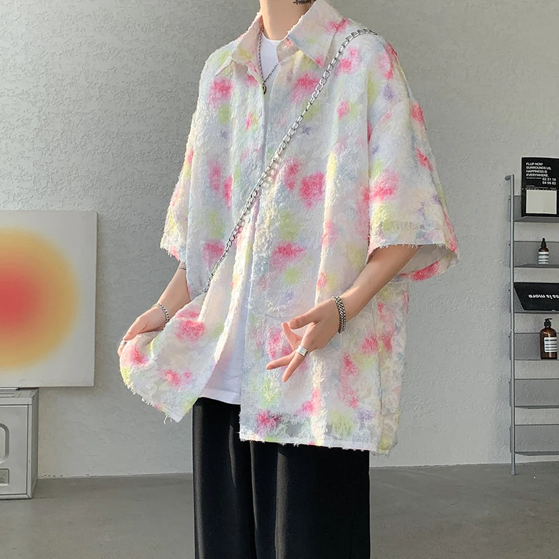 Threebooy Summer Butterfly Tassel Splice Shirt Men Loose Casual Floral Short Sleeve Shirts Women Oversize Streetwear Boy Girl Blouses