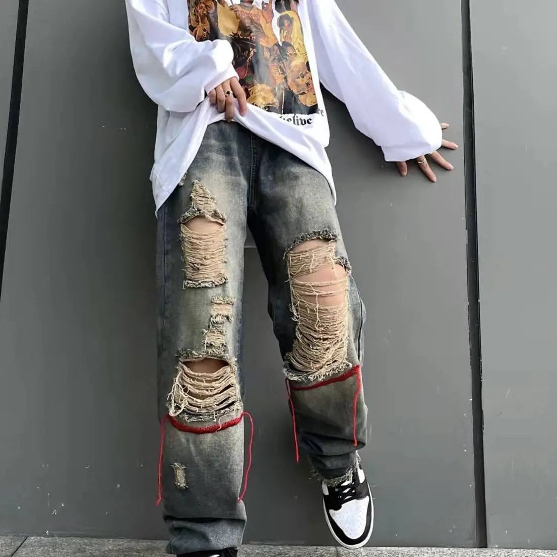 Threebooy Korean Style Ins Hip-Hop Trendy Distressed Red Rope Vintage Jeans Washed And Worn Long Straight Leg Pants