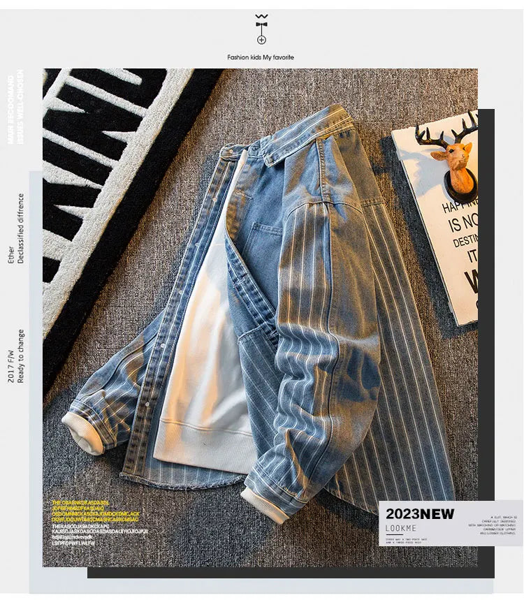 Threebooy American Striped Spliced Denim Jacket Men 2025 Autumn Trendy Handsome Men Women Casual Loose Work Shirt Jacket Aesthetic Chic